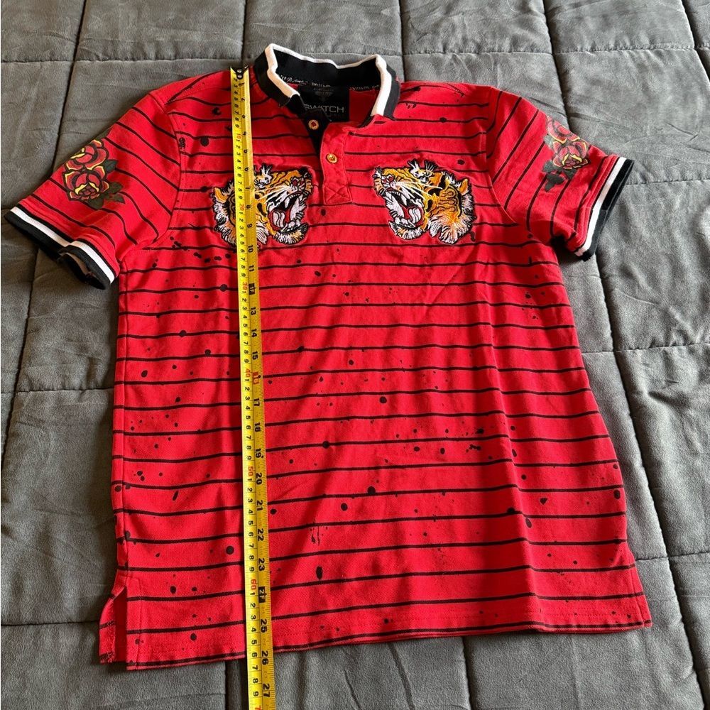 Switch Remarkable Red Striped Polo Shirt with Tiger Embroidery Y2K Size Medium - Picture 8 of 9